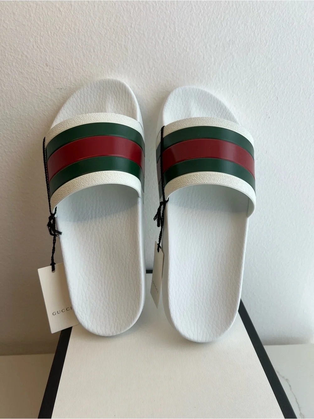 Gucci White Slides with Green & Red Stripes - Luxury Designer Style